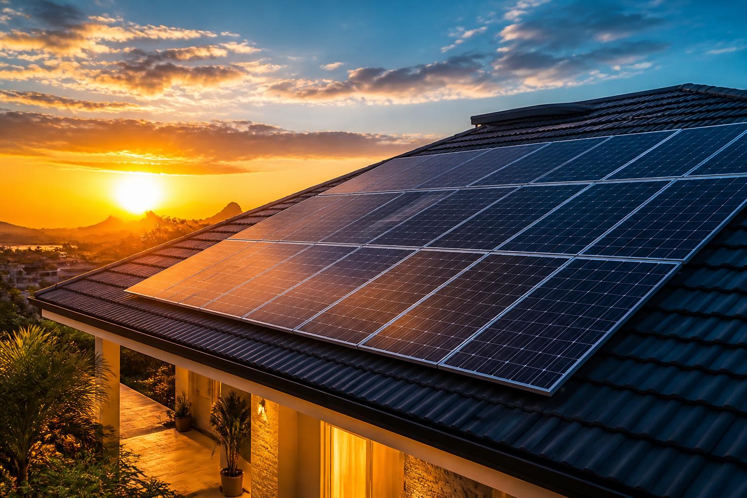 Telhado residencial com painéis solares fotovoltaicos ao entardecer