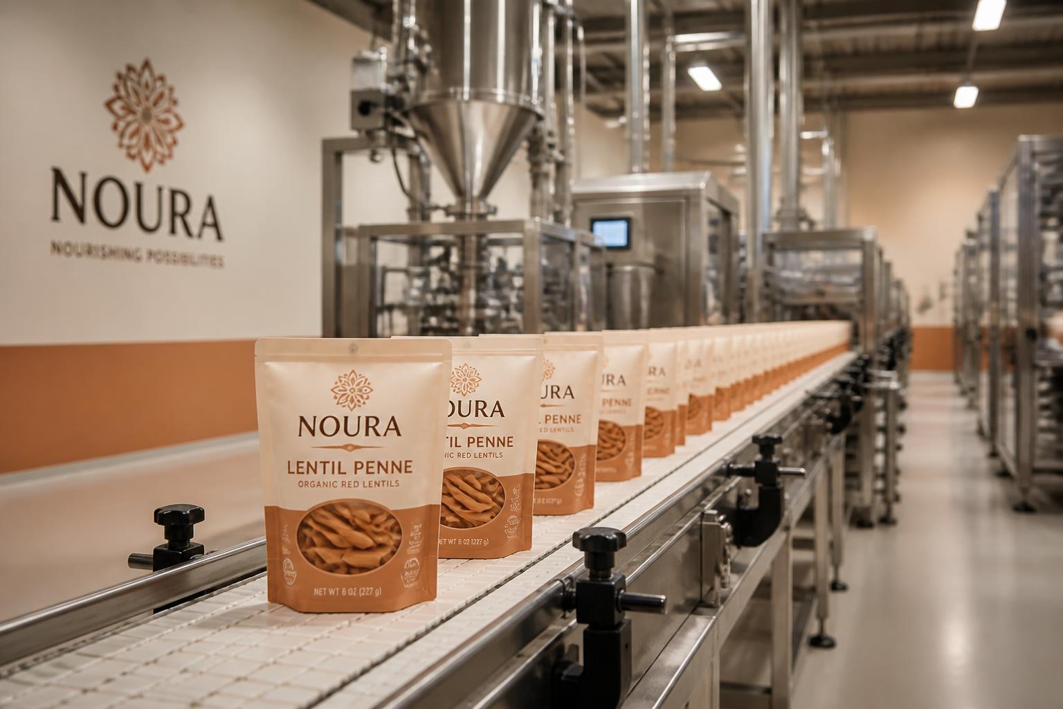 Linha de produção alimentícia com embalagens organizadas em esteira