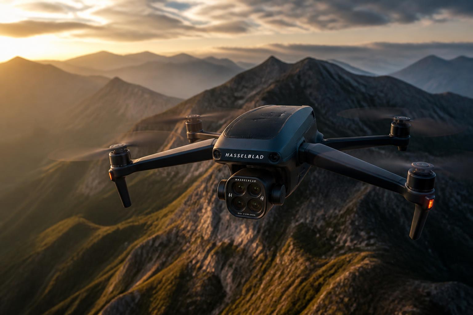 Drone profissional com câmera Hasselblad sobrevoando montanhas ao entardecer