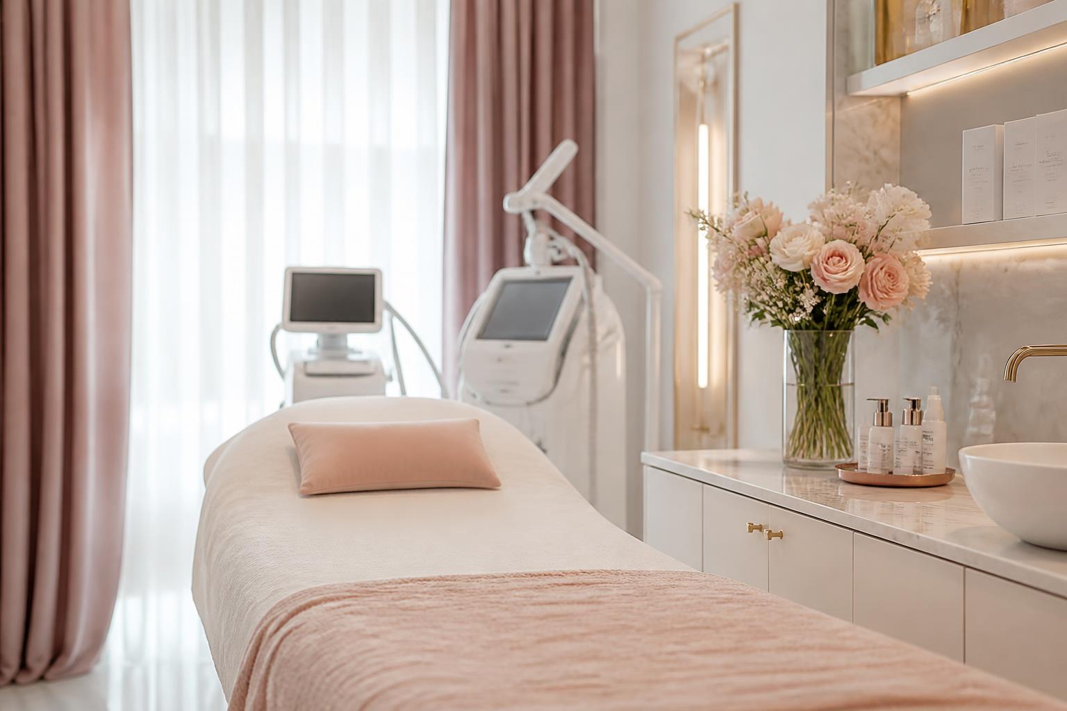 Sala de procedimento estético com luz natural, tons rosé e nude